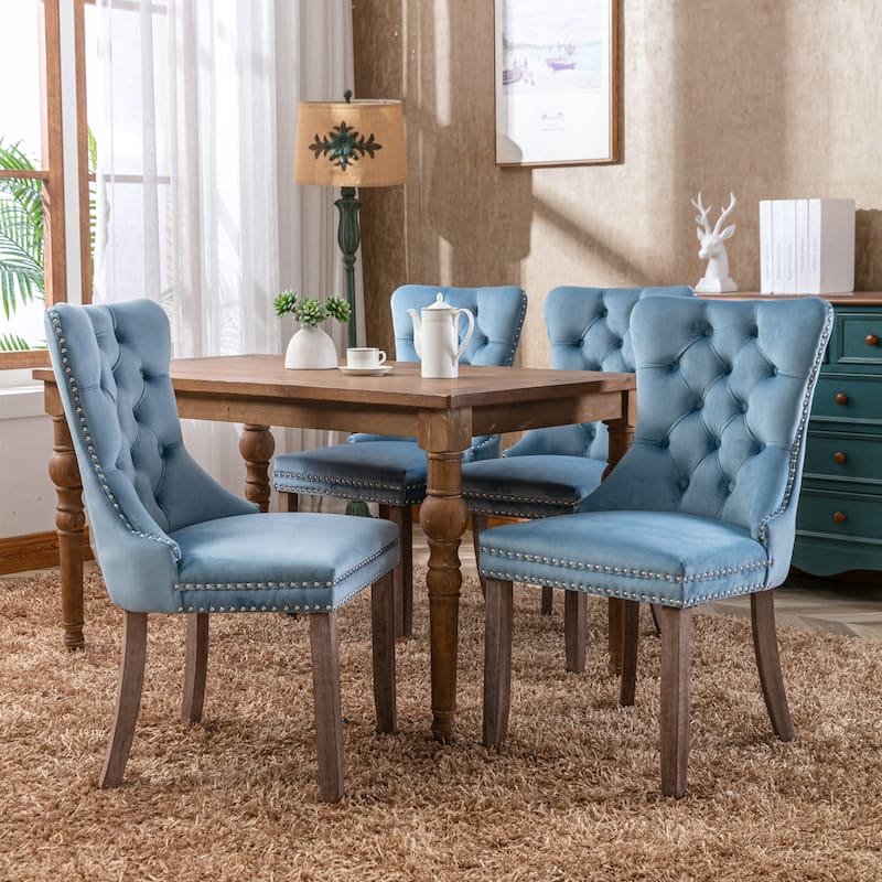 High-end Tufted Solid Wood Contemporary Velvet Upholstered Dining Chair with Wood Legs Nailhead Trim 2-Pcs Set