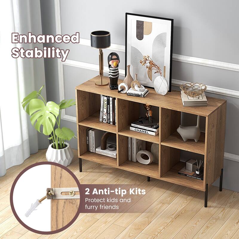 Modern Open Back Engineered Wood 6-Cube Bookshelf with 2 Adjustable Shelves and Metal Legs - 47" x 14" x 31.5" (L x W x H)