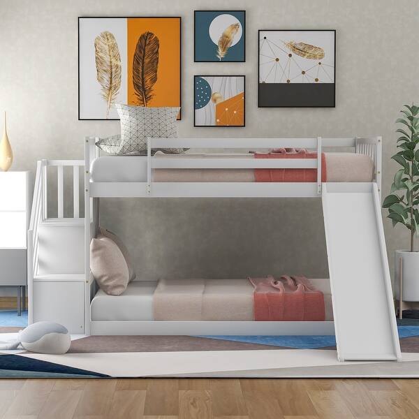 slide 2 of 13, Artsy Twin over Twin Bunk Bed with Convertible Slide and Stairway, Space-saving Low Bunk Design, Sturdy and Long-lasting, White