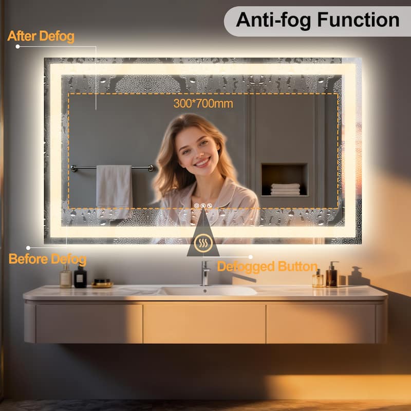 Rectangle Illuminated Bluetooth Bathroom Smart Tempered Glass Vanity Mirror with Double NdFeB Speakers