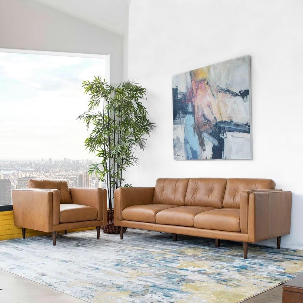 Shop Black Friday Deals On Mid Century Modern Talon Tan Leather Sofa 31 H X 81 W X 36 D Overstock 32092308