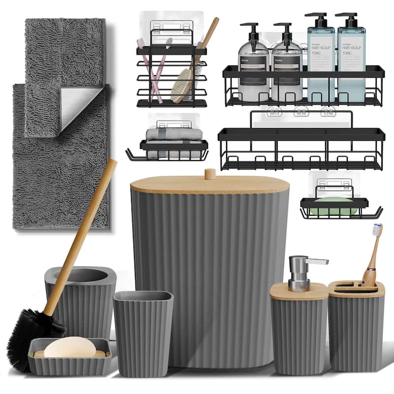 Emperyan Bathroom Accessory Set - Complete Set + Bath Rugs + Shower Caddy - Grey