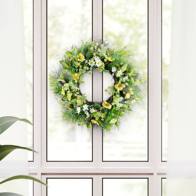 Daisy and Dogwood Artificial Floral Spring Wreath - 24" - White and Yellow