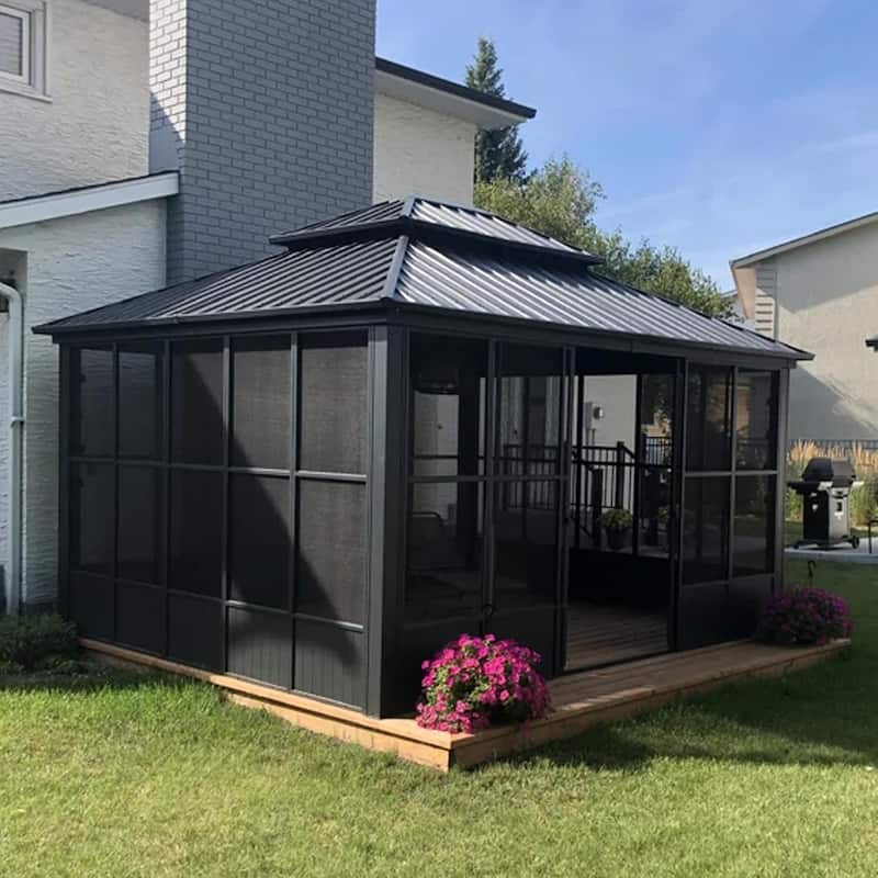 PURPLE LEAF Outdoor Galvanized Steel Hardtop Gazebo, Aluminum Frame Gazebo With Curtains