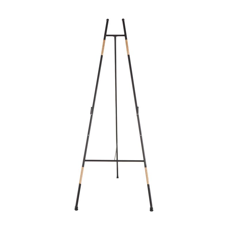 Black Metal Slim Foldable 2 Tier Easel with Wrapped Rattan Accents