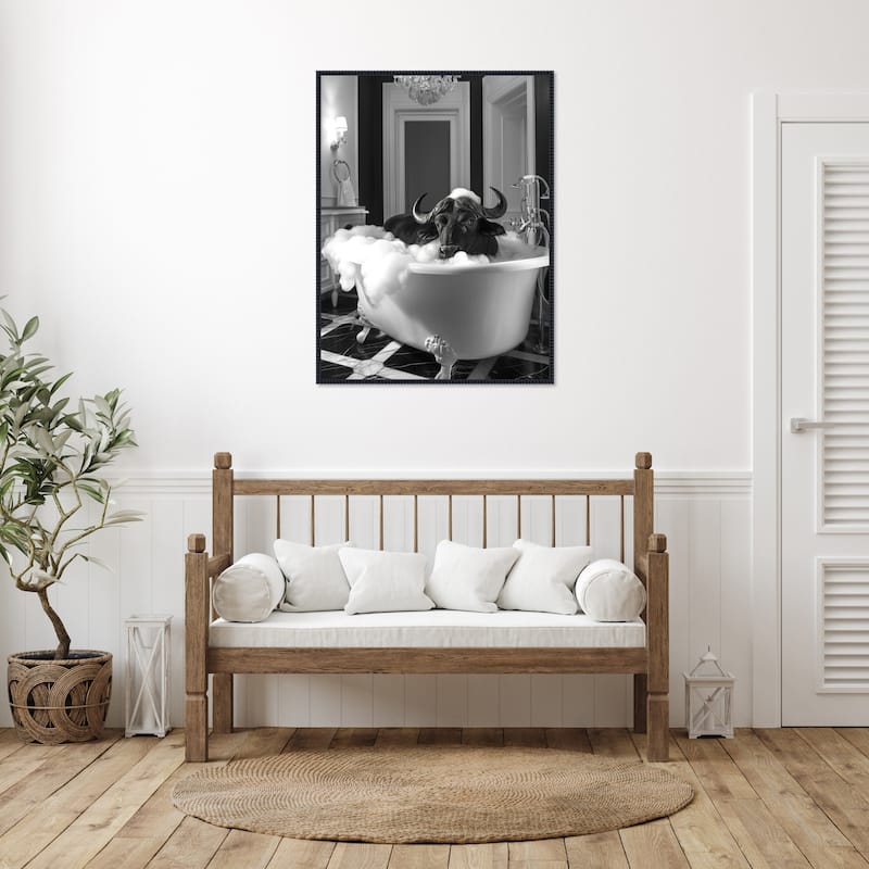 Curious Buffalo In the Tub by Niky Rahner Framed Canvas Wall Art