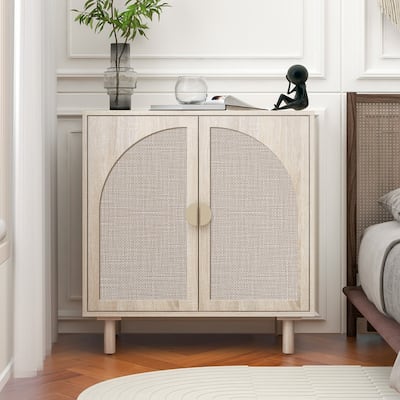 Rustic Style Living Room Storage Cabinet with Rattan Decorative Doors