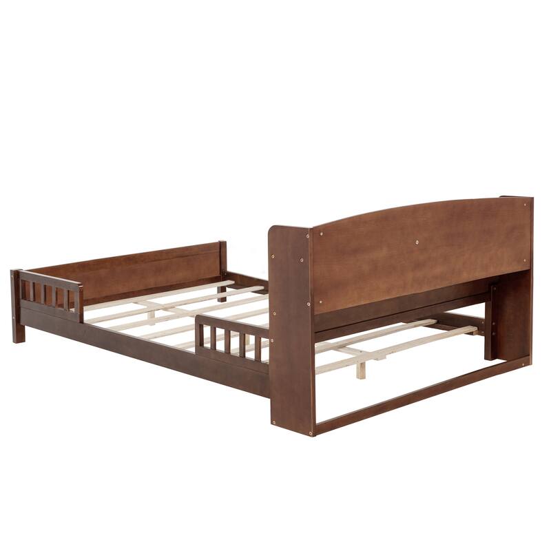 Full Size Pine Bed w/ Bookcase Headboard ,LED Sensor Light, Guardrails
