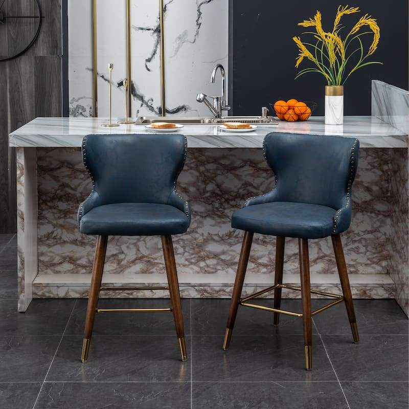 Modern Faux Leather Bar Stool Set of 2, Tufted Nailhead Trim Counter Stool with Footrest for Kitchen Island, Dining Room