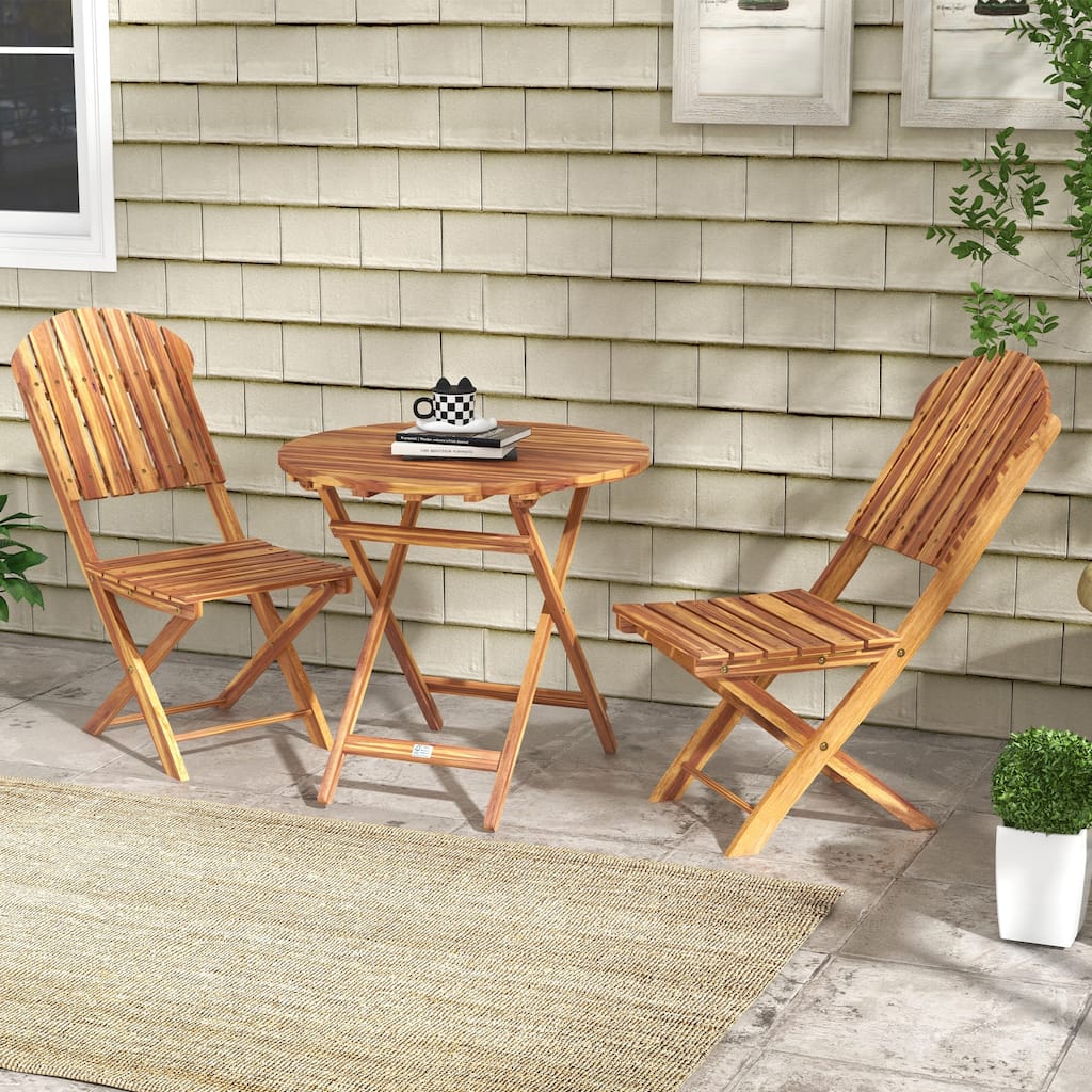 Natural Acacia Wood Folding Outdoor Dining Set Two Chairs and Coffee Table - 28.7" W x 28.7" D x 28.7" H