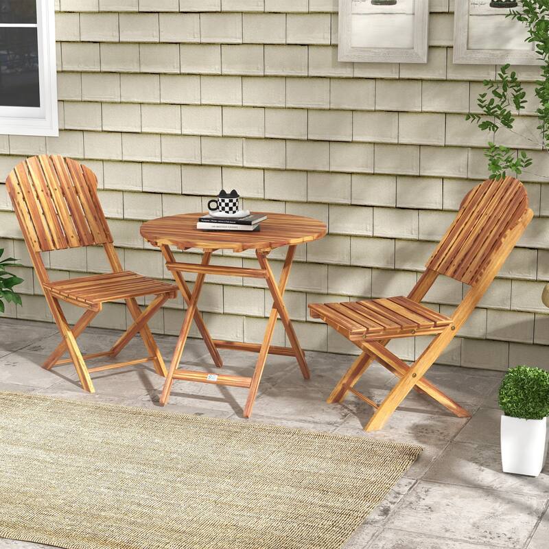 Outsunny 3-Piece Acacia Wood Bistro Set, Foldable Bistro Table and Chairs, Outdoor Bistro Set for Garden, Backyard, Balcony - Natural Wood