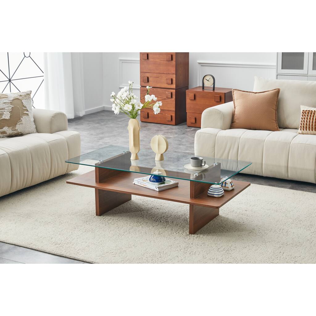 Modern Double-Tier Coffee Table with Tempered Glass Top & Walnut MDF Shelf - Contemporary Living Room/Office Accent Furniture