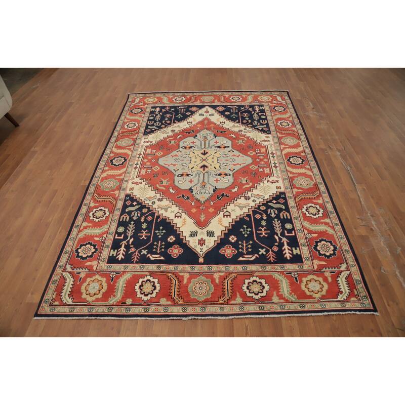 Hand Knotted Oriental 100% Wool Carpet Traditional Medallion Oranges & Rust Heriz (serapi) Area Rug - 8' 11'' X 6' 2''