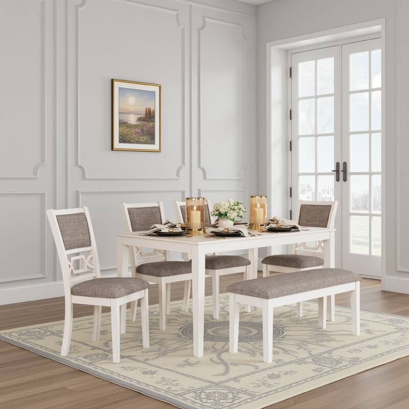 Berg 6pc Dining Table Set, Gray White Wood, 4 Chairs and 1 Bench