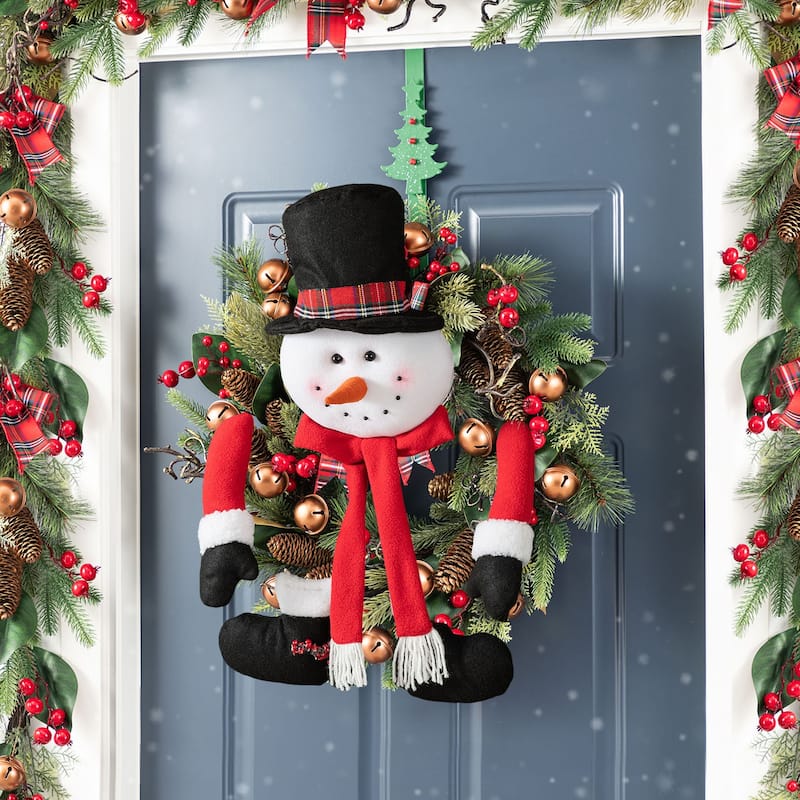 Glitzhome 24"D Christmas Pinecone Berry Wreath with Fabric Santa or Snowman Ornaments - Bell Bow Wreath with Snowman