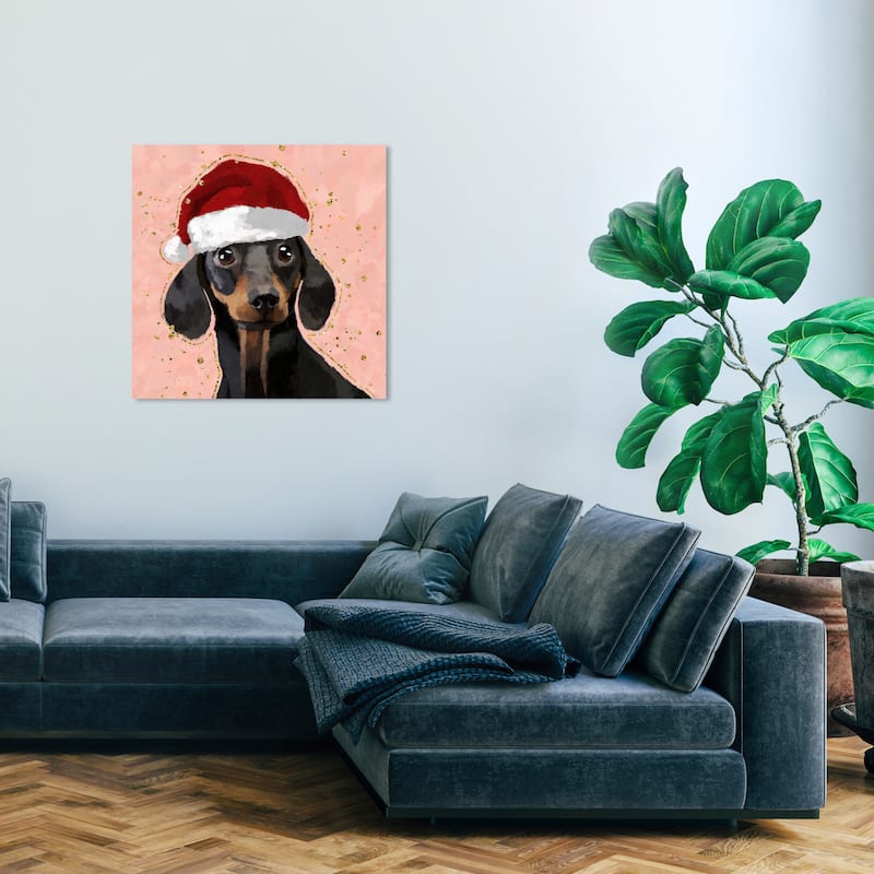 Wynwood Studio Canvas Animals Holiday Doxie Pink and Crimson Glam Wall Art Canvas Print - 30 x 30
