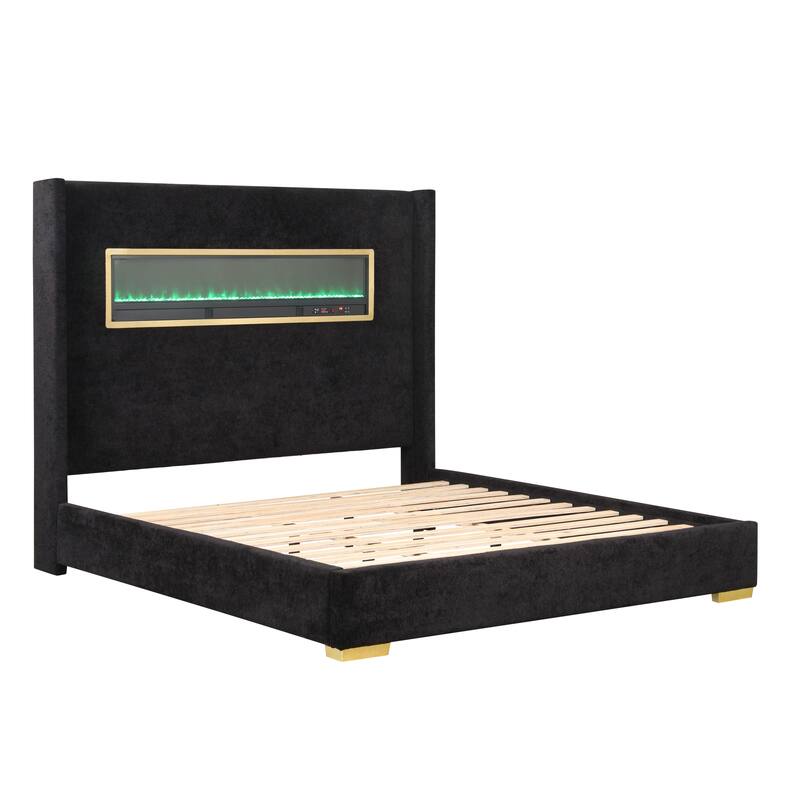 Furniture of America Stephanie Modern Boucle Bed with 3D Fireplace Simulator and Bluetooth Audio