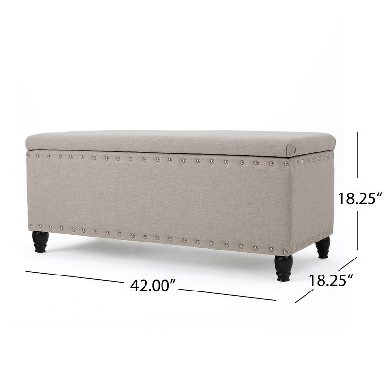 Sharon Storage Ottoman Bench, Beige Fabric, Nailhead Trim, 42 Inch