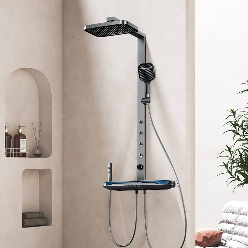 Exposed Tub and Shower Faucet with Hand Shower Brass Thermostatic Brass Wall Mount Complete Shower System with Waist Massage