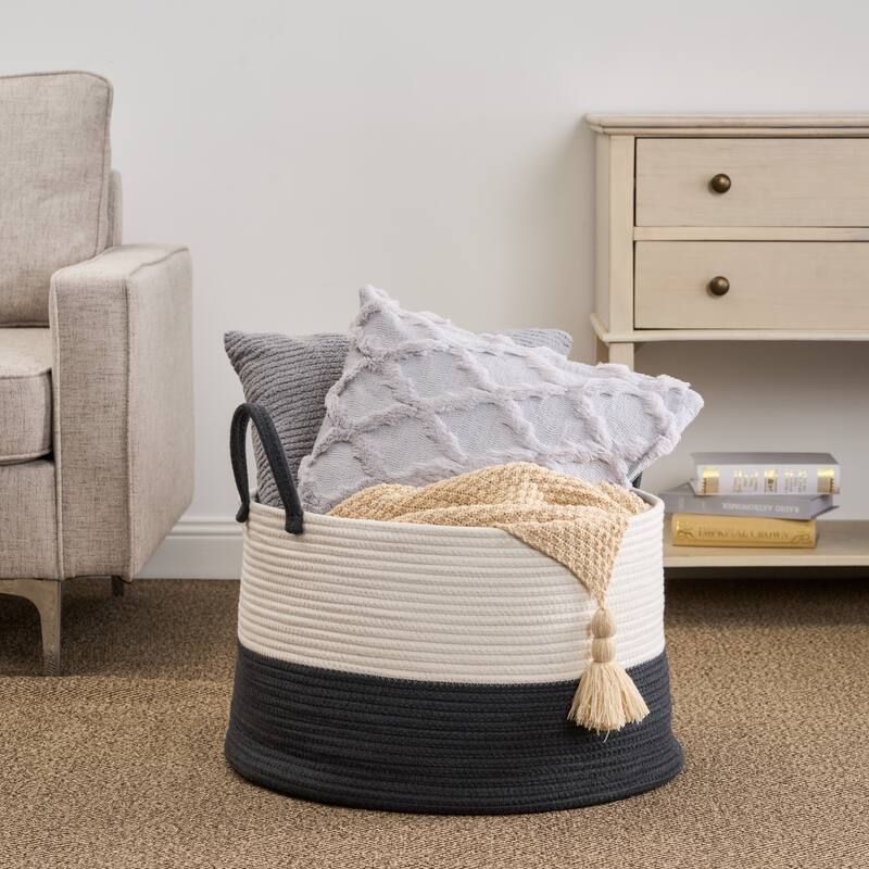 Cotton Round White Pink Laundry and Storage Basket