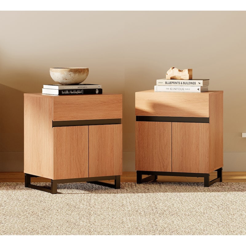 WAMPAT Modern Nightstand with 1 Drawer & 1 Storage Cabinet, Farmhouse Bedside Table with 2 Open Door forBedroom