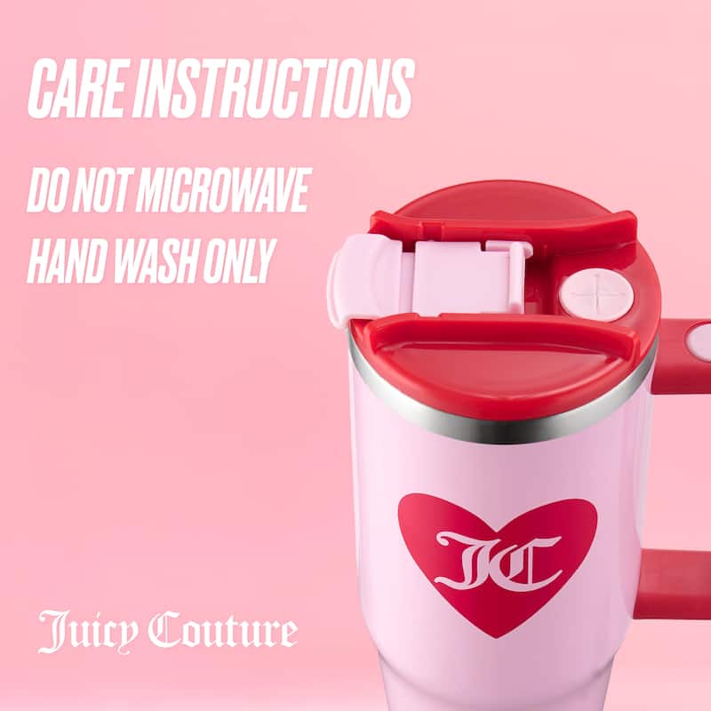 Juicy Couture Jetsetter Hydration Stainless Steel Tumbler with Handle and Straw With Topper