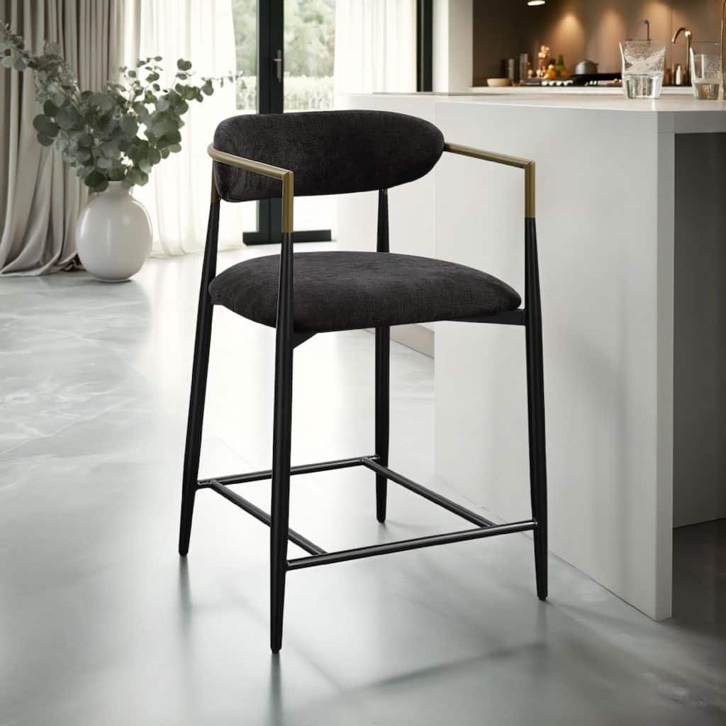 Vonn 25 Inch Counter Height Chair, Padded Fabric, Black Metal Frame