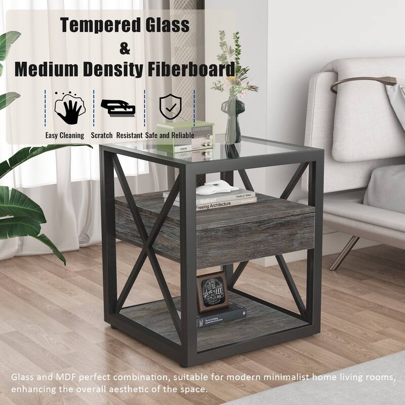 Set Of 2 Modern End Table With Drawer - Nightstand For,Rustic Wood Grain Mdf&Tempered Glass Top, Industrial Style Side Table