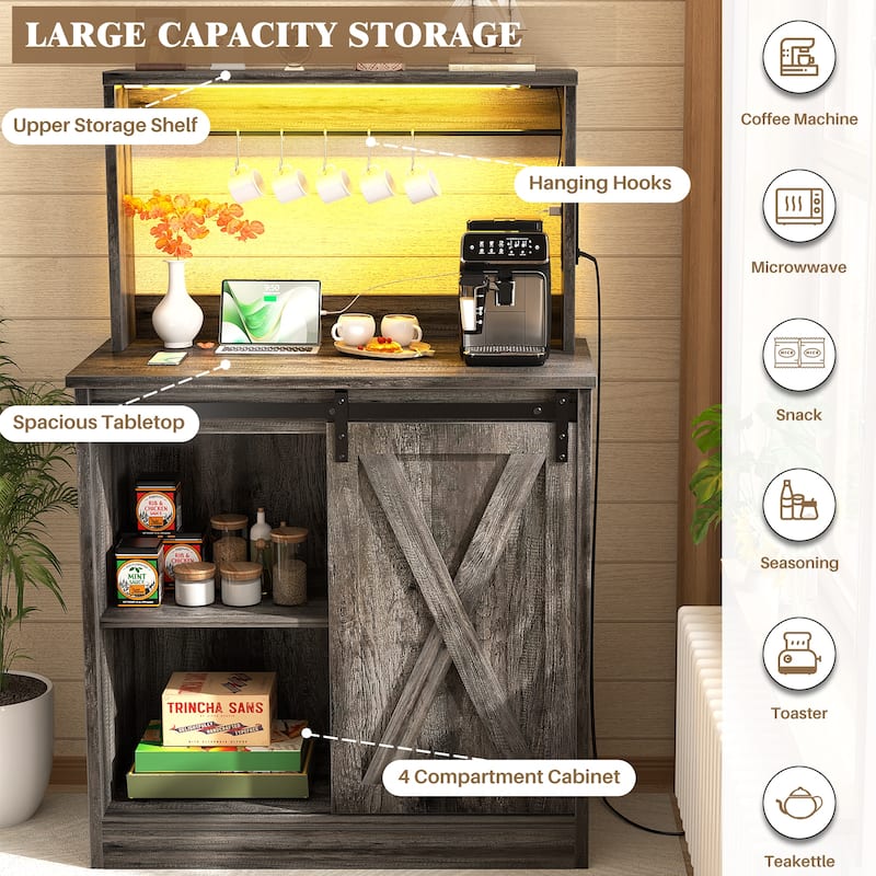 Farmhouse Wine Bar Cabinet with Barn Door & Charging Station,Sturdy Buffet Coffee Bar Cabinet with LED Lights & Hutch