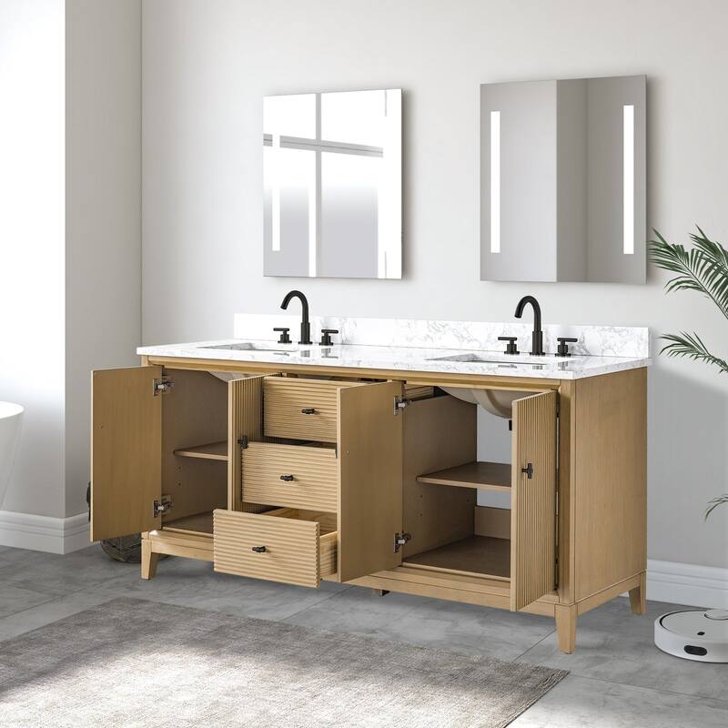 Vanity Art 72" Freestanding Bathroom Vanity with Engineered Marble Top and Sinks