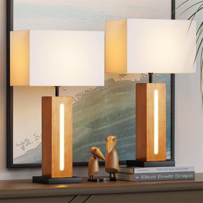 Modern Dimmable Bedside Table Lamp with LED Nightlight (Set of 2)