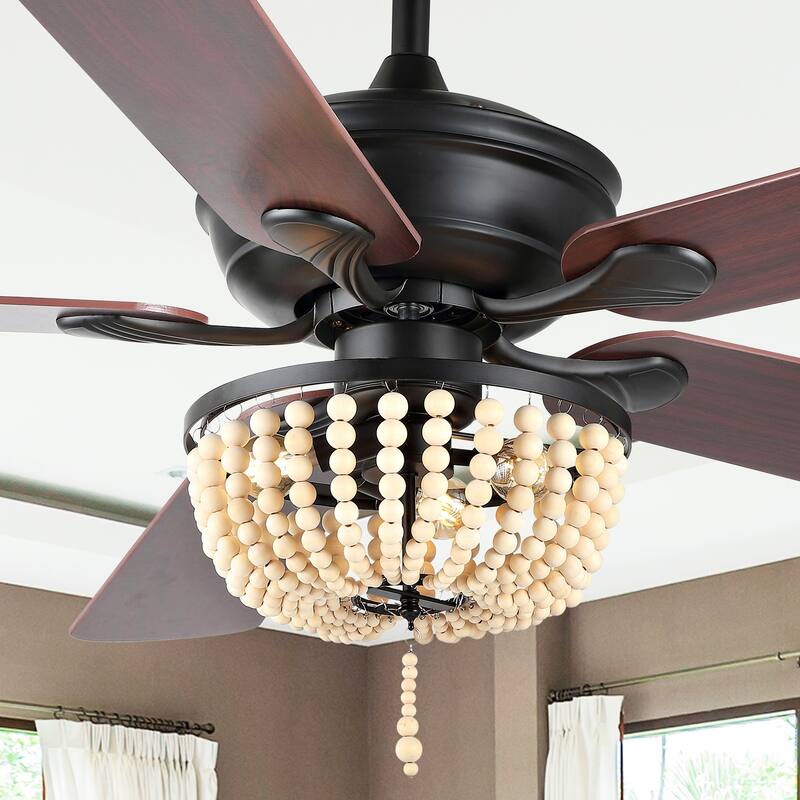 Quinn 52" 3-Light Rustic Farmhouse Iron/Wood Bead Mobile-App/Remote-Controlled LED Ceiling Fan, by JONATHAN Y