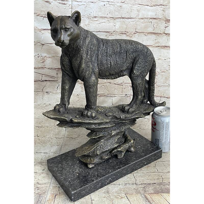 Mountain Imitative Lion Puma Panther Cougar Bronze Sculpture Statue Figure On Marble Base