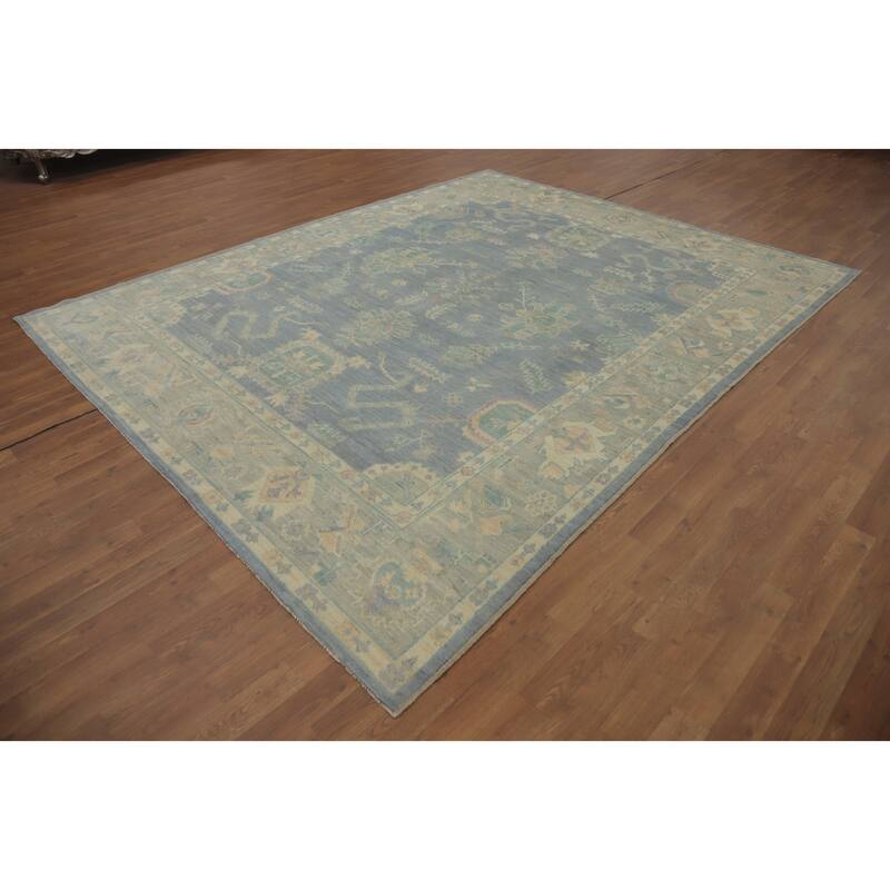 Vegetable Dye Blue Wool Oushak Turkish Area Rug, Floral Geometric Carpet - 9' 11'' X 8' 0''