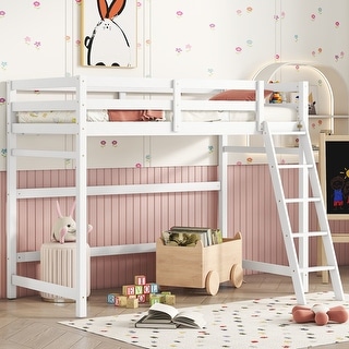Twin Size Pine Wood High Loft Bed with inclined Ladder and Guardrails for Bedroom