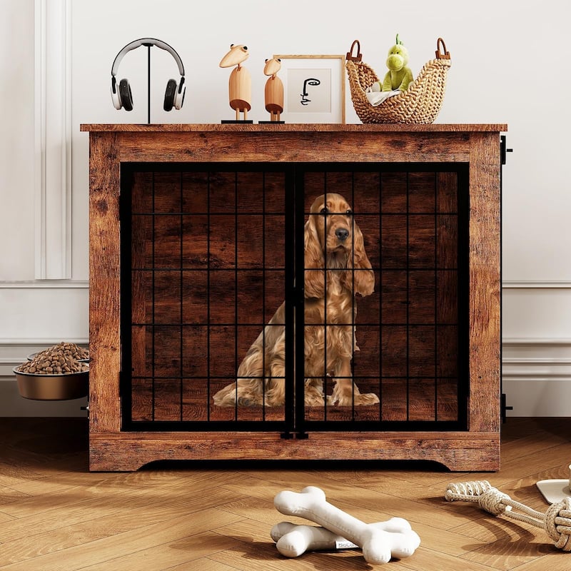Dog Crate Furniture, Indoor Dog Crate with Rotating Feeder - N/A