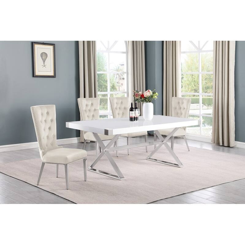 Best Quality Furniture D440/1-SC330-7 Dining Set with 78" White Lacquer Wood Top - 5-Piece - Cream / Silver