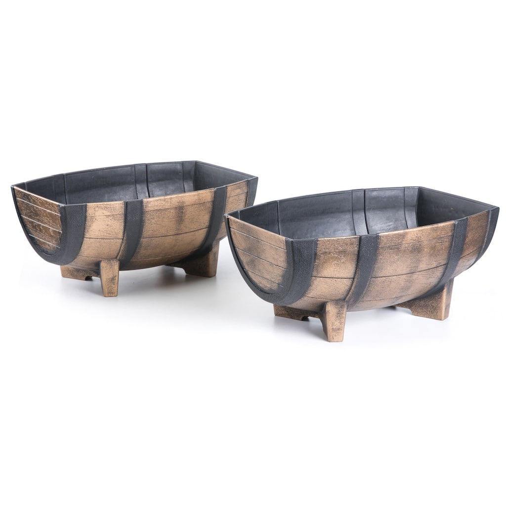 Gardenised 2-Piece Rectangular Half Barrel Flower Pots Rustic Farmhouse Style Faux Wood Planter Containers for Indoor & Outdoor