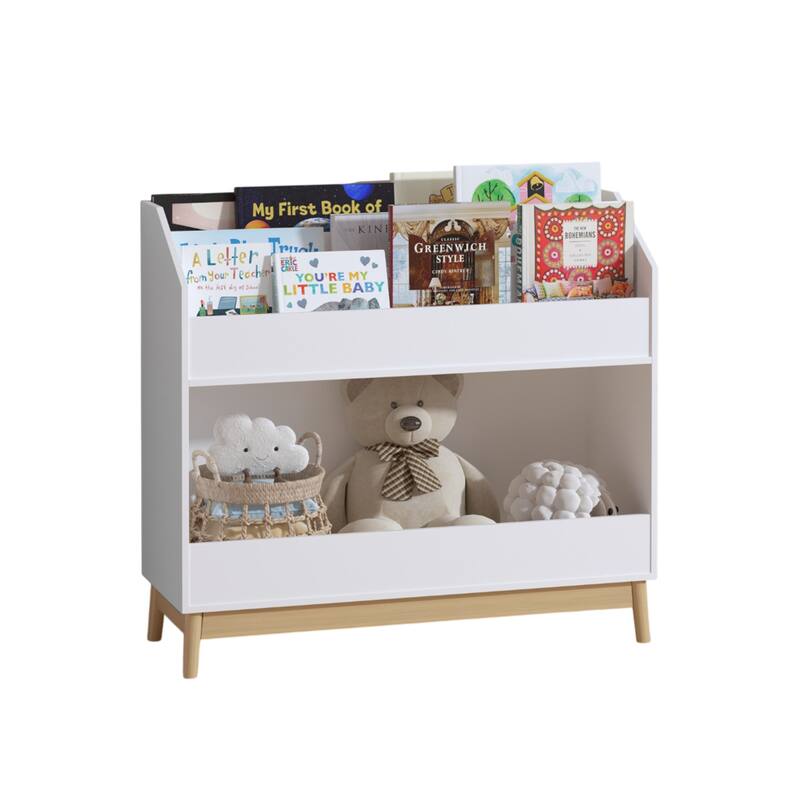 Anmytek White Toddler Book Display Shelf with Storage, Wooden Kids Bookcase Organizer for Bedroom or Playroom
