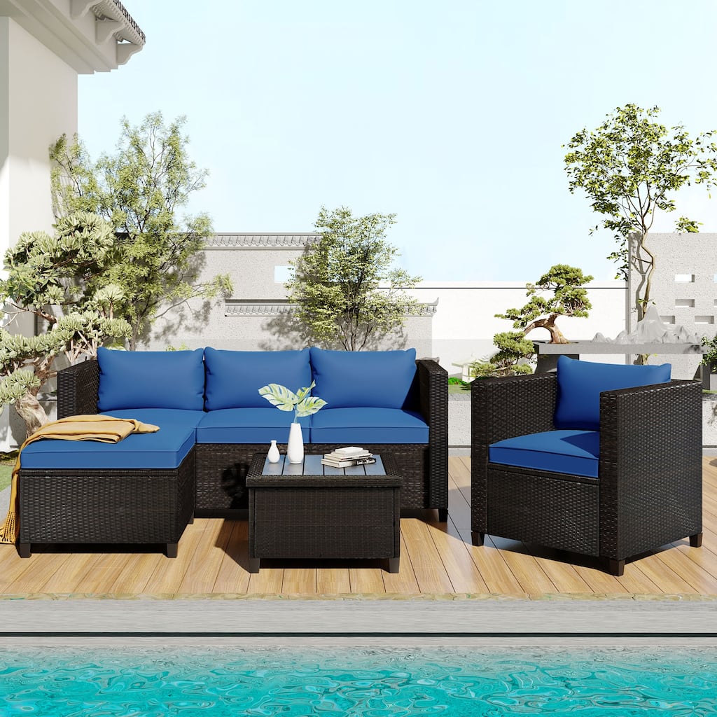 5 Piece Conversation Set Wicker Rattan Sectional Sofa with Seat Cushions