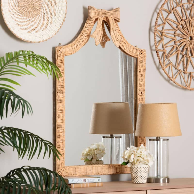 Creusa Natural Rattan Wall Mirror - Handwoven Arched Mirror with Scalloped Corners and Bow Accent, Boho Coastal Style - Honey