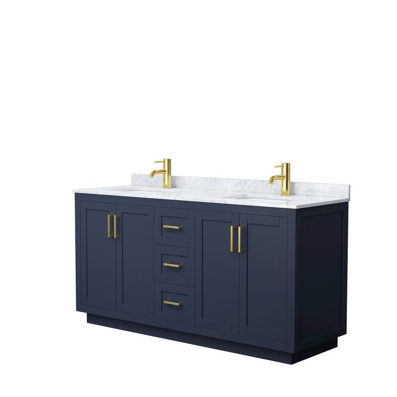 Miranda Double Vanity Set, White Carrara Marble Top, No Mirror - 66-Inch Double - Dark Blue, Gold Trim, White Carrara Marble Top