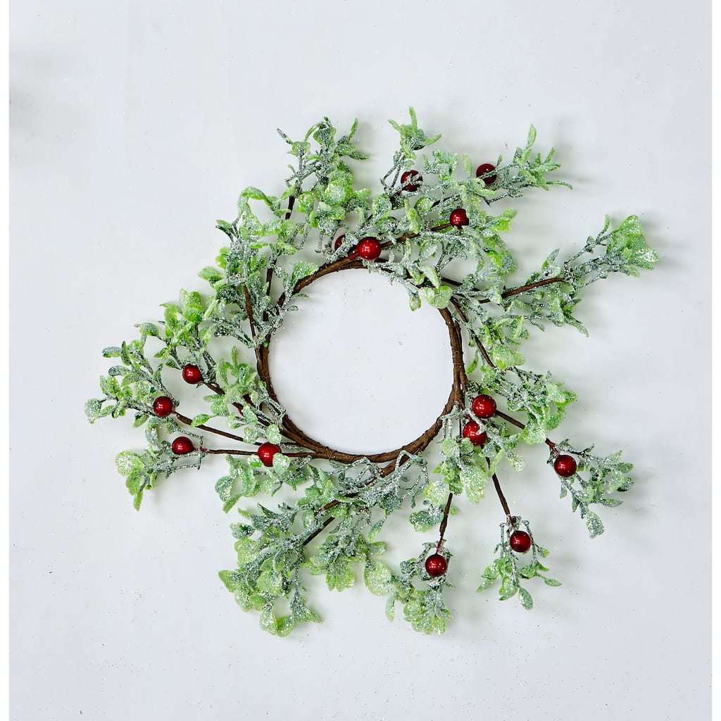4.25" Green Leaves & Red Berries Candle Ring, Set of 2 - 12