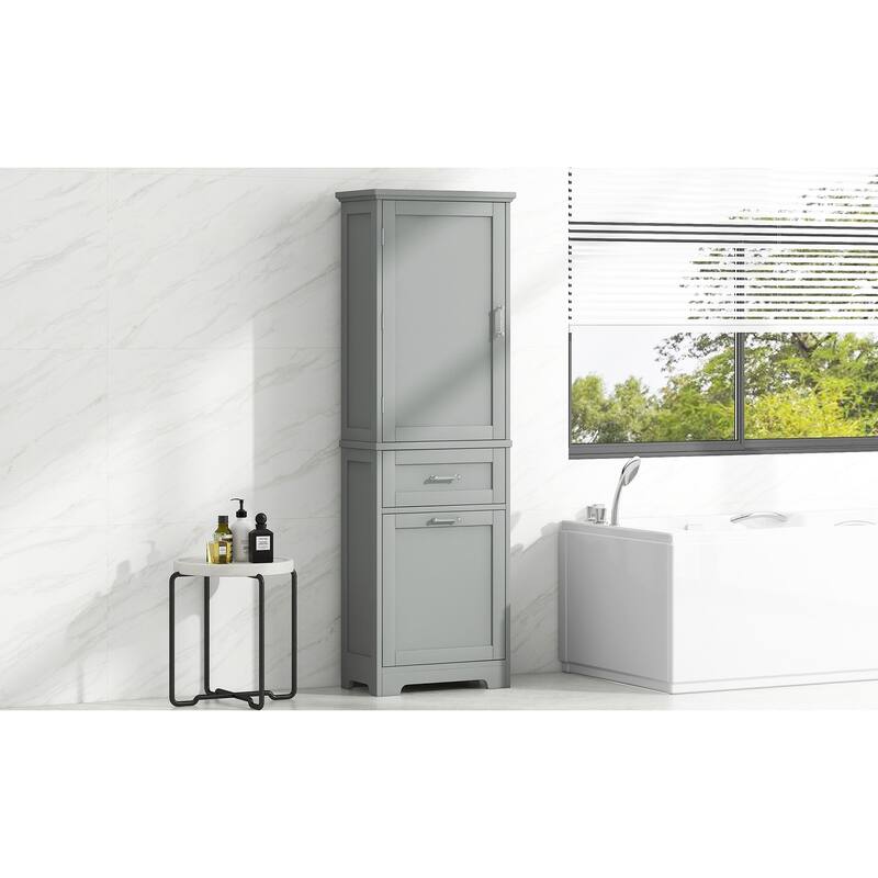 Tall Bathroom Storage Cabinet, Freestanding Organizer, Wooden Floor Cabinet with 2 Different Size Drawers & Adjustable Shelf