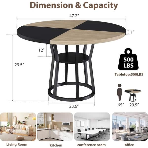 dimension image slide 2 of 4, Round Dining Table for 4-6, 47.2" Farmhouse Kitchen Table with Storage, Circle Dinner Tables - N/A