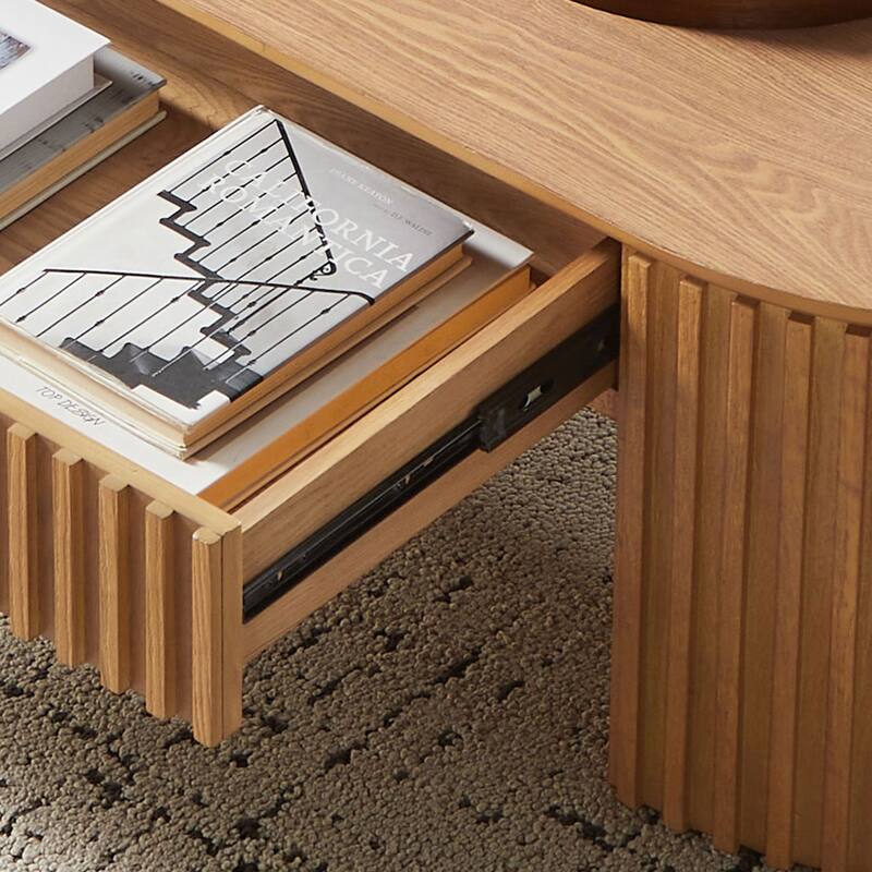 51.18" Oval Wood Coffee Table with Drawer, Mid-Century Modern Tea Table, Handcrafted Relief Center Table