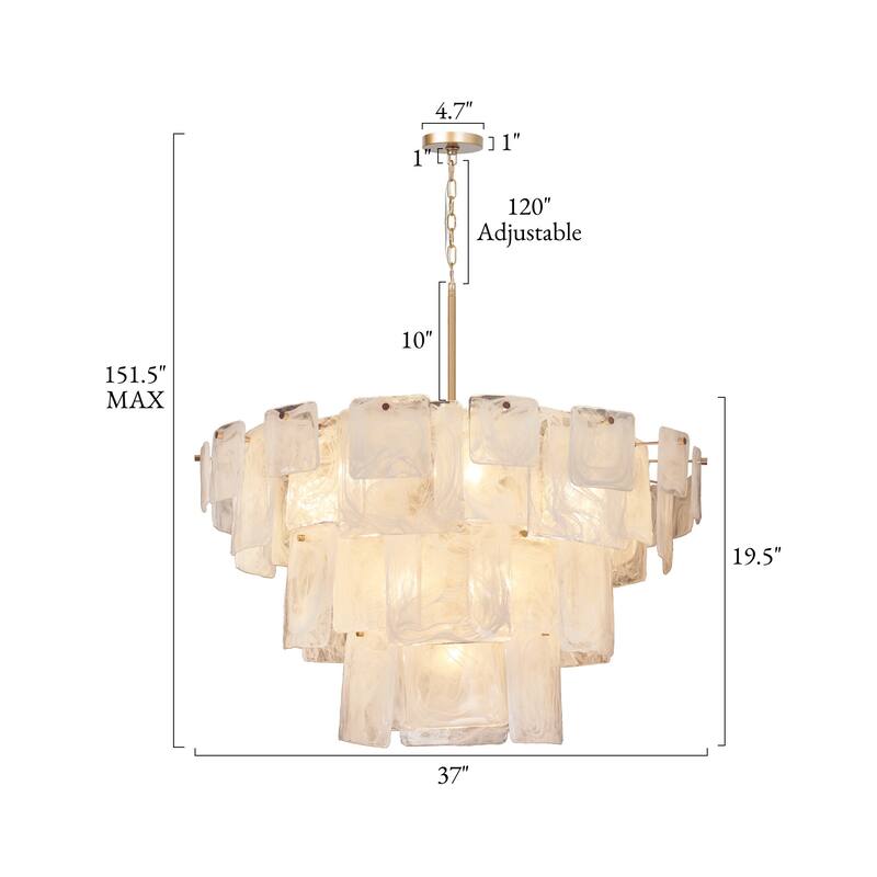 Calyra Modern Luxury 13-Light Tiered Gold Textured Handmade Art Glass Chandelier for Living Dining Room Foyer