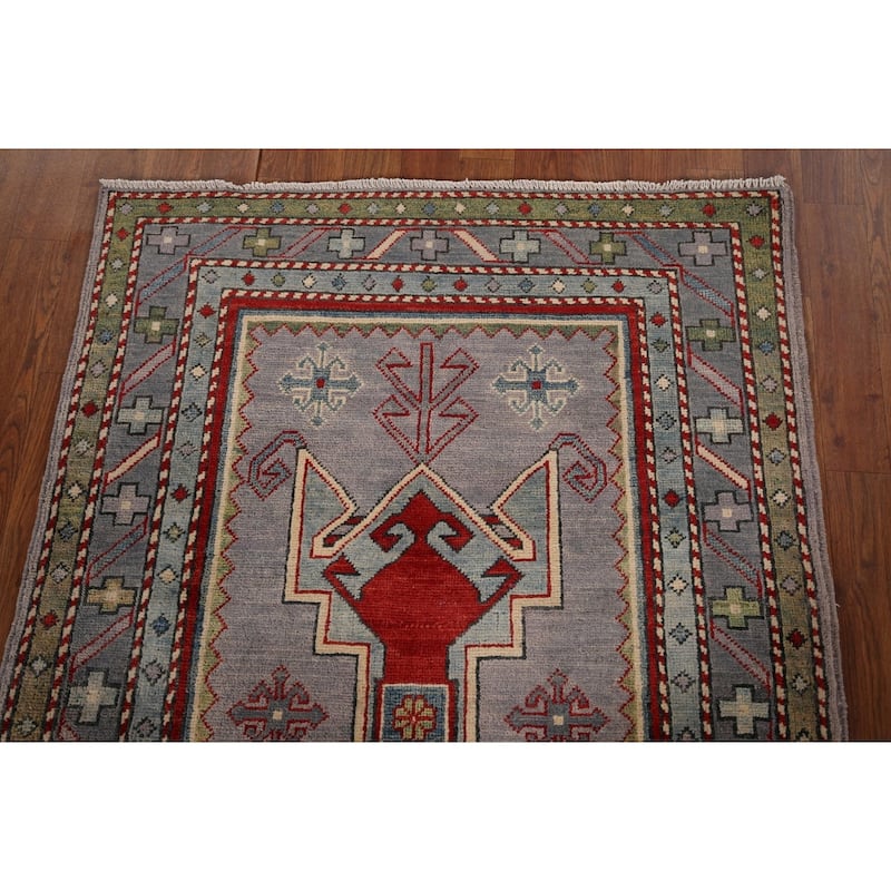 Grey Traditional Kazak Oriental Accent Rug Handmade Wool Carpet - 3'3" x 4'10"