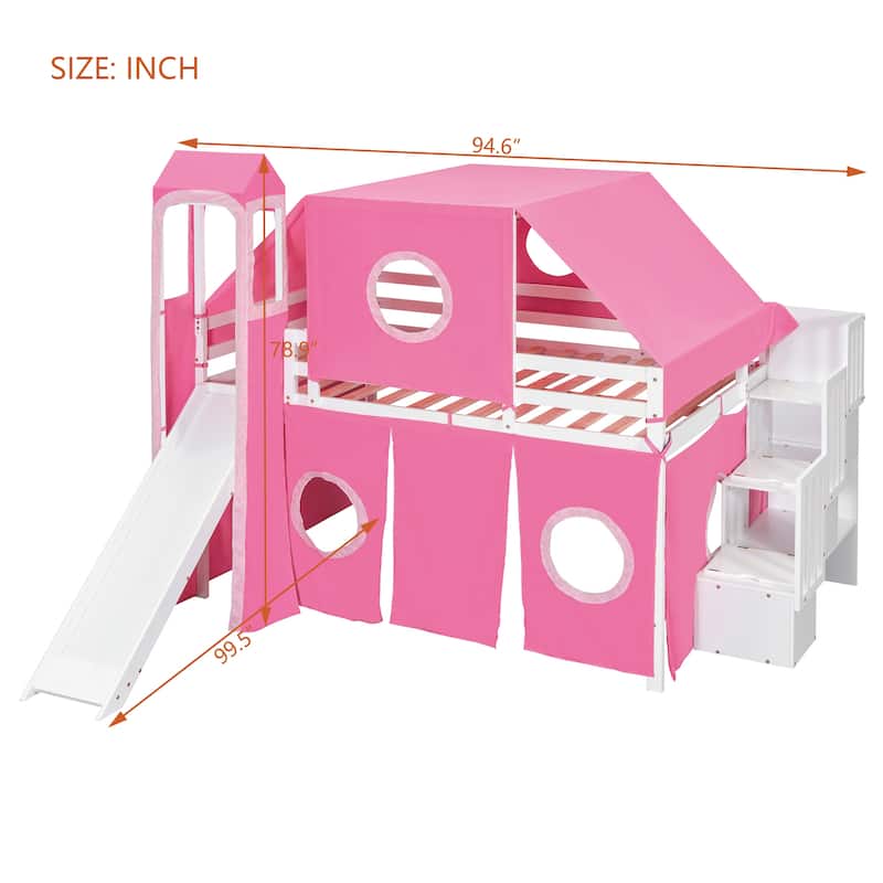 Twin/Full Size Wooden Loft Bed with Tent and Tower, Solid Pinewood High Loftbed Frame with Slide and Storage Staircase