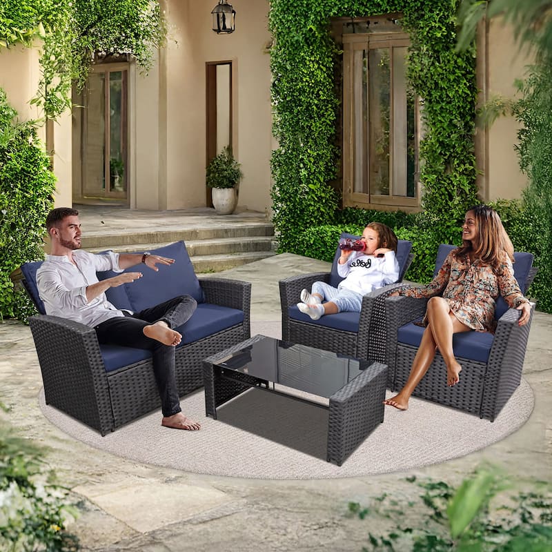 4-Piece Wicker Outdoor Sofa Set, 1 Loveseats, 2 Single Sofas, 1 Table